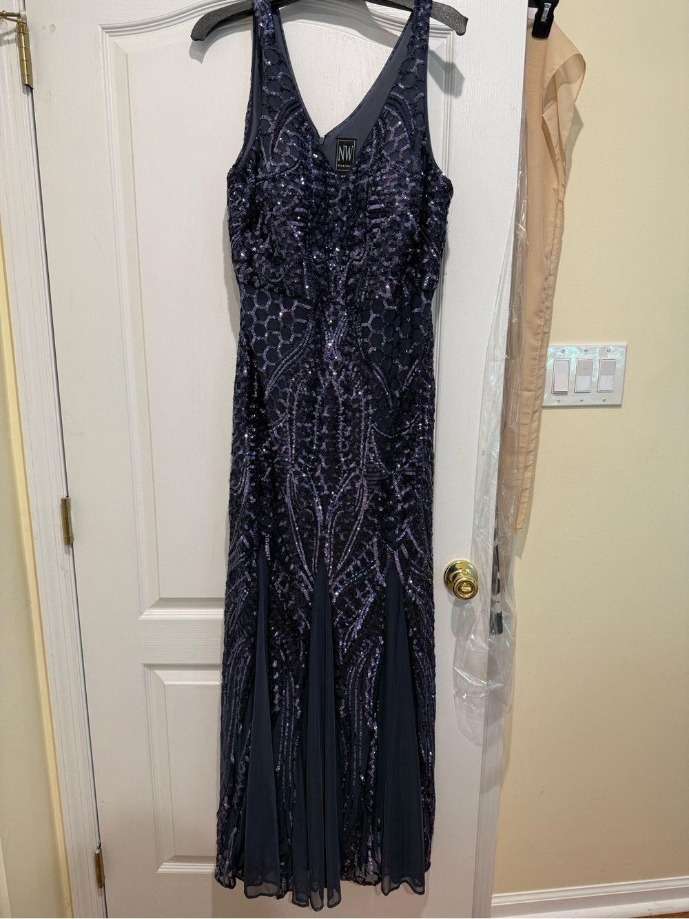 Night Way Collections Navy Sequin V-Neck Prom Gown. Worn one time!